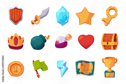 Game ui icons cartoon vector set. Casino interface slot badge kit. Golden achievement trophy collection. Mobile app key elements. Prizes in video games vector pack isolated on white.