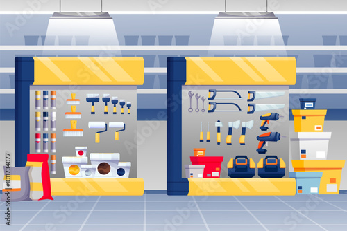 Hardware shop interior background. Store with stands with paint, toolkits, saws, hammers, screwdrivers vector illustration. Tools and materials assortment for renovation.