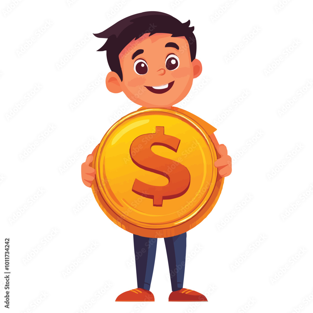 flat vactor cartoon boy holding a Big coin flat vactor cartoon boy holding a Big coin