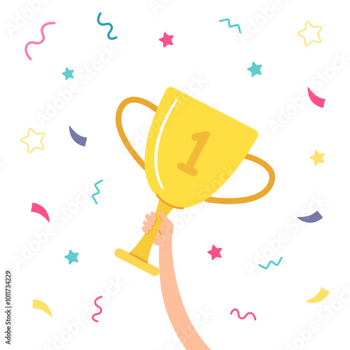 Golden cup icon with confetti background. Gold trophy sign with number 1. Hand holds winner award. Champion prize of win in sport game or tournament. Flat vector illustration isolated on transparent.
