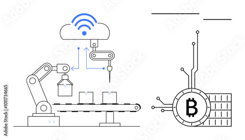 Industrial robotic arm connected to cloud, assembling goods on conveyor belt next to bitcoin symbol. Ideal for automation, blockchain technology, cloud computing, industry, and smart manufacturing
