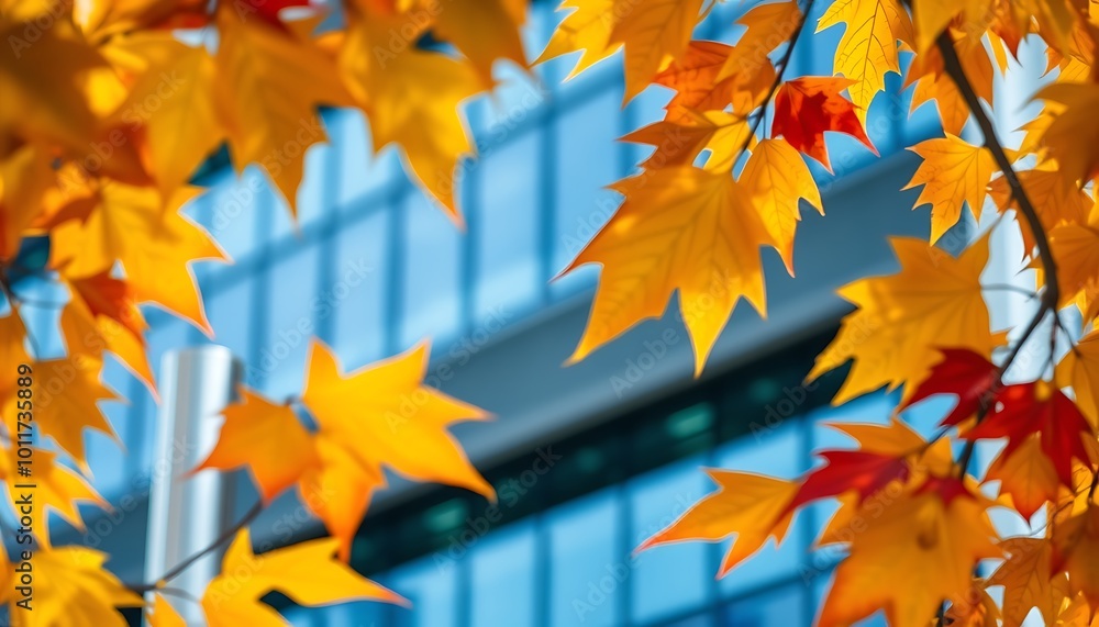 Fototapeta premium A close-up shot of autumn leaves in vivid shades of yellow, orange, and red, framing a modern corporate signpost.