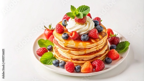 A stack of fluffy pancakes topped with fresh berries, whipped cream, and maple syrup.