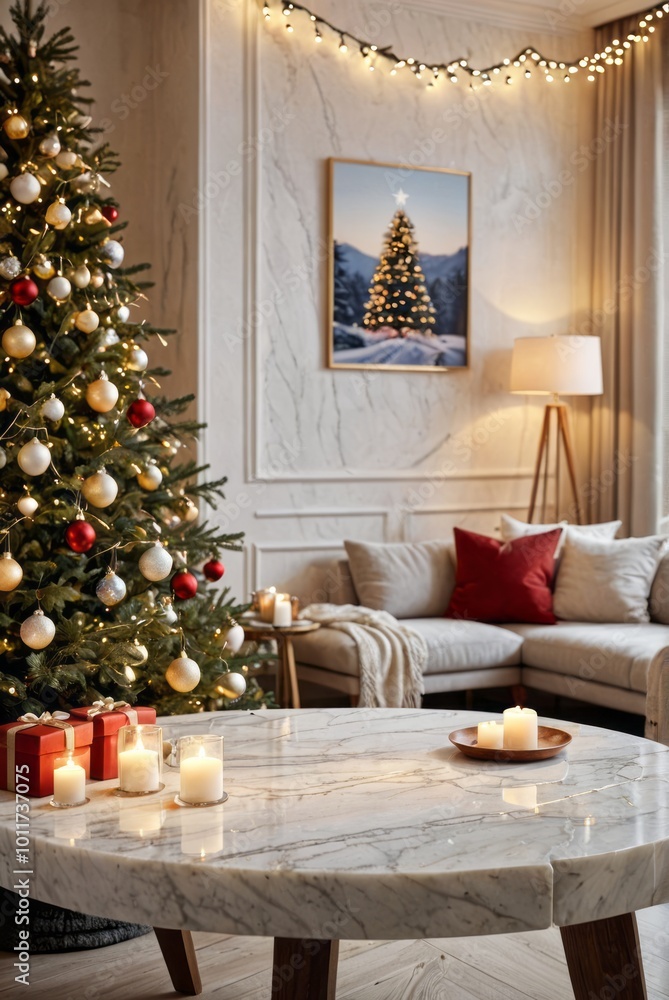 Elegant living room, Christmas tree with ornaments, warm lighting, cozy atmosphere, candles on marble table, modern interior design, festive holiday decor, soft beige and red accents, framed artwork, Elegant living room, Christmas tree with ornaments, warm lighting, cozy atmosphere, candles on marble table, modern interior design, festive holiday decor, soft beige and red accents, framed artwork,
