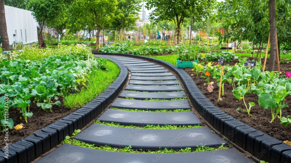 Obraz premium Tranquil Garden Pathway Surrounded by Lush Greenery