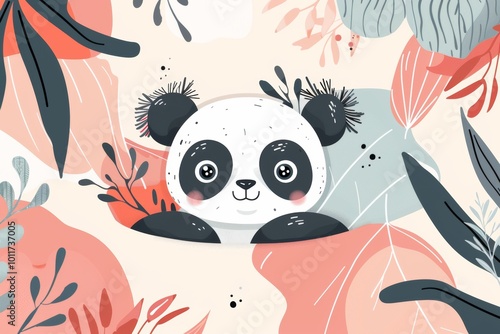 Playful panda in botanical frame