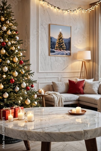 Elegant living room, Christmas tree with ornaments, warm lighting, cozy atmosphere, candles on marble table, modern interior design, festive holiday decor, soft beige and red accents, framed artwork, 