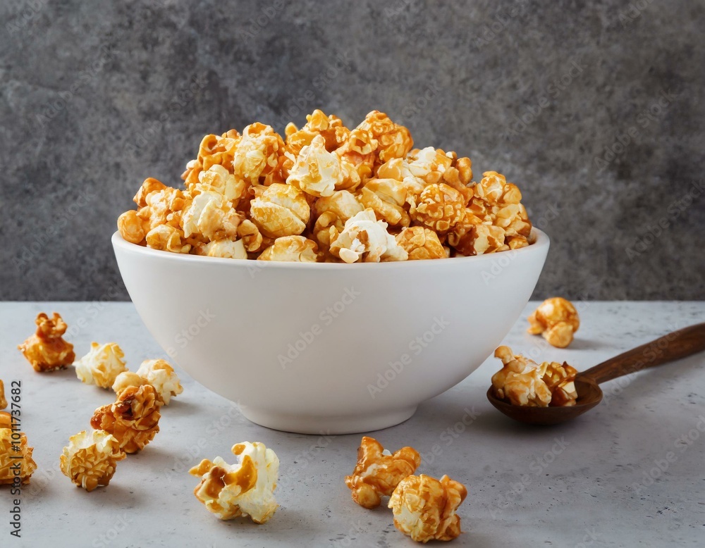 Caramel Popcorn in white bowl isolated on white background Caramel Popcorn in white bowl isolated on white background