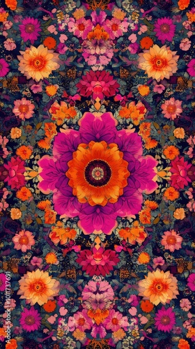 Vibrant floral mandala pattern creating a vertical wallpaper design