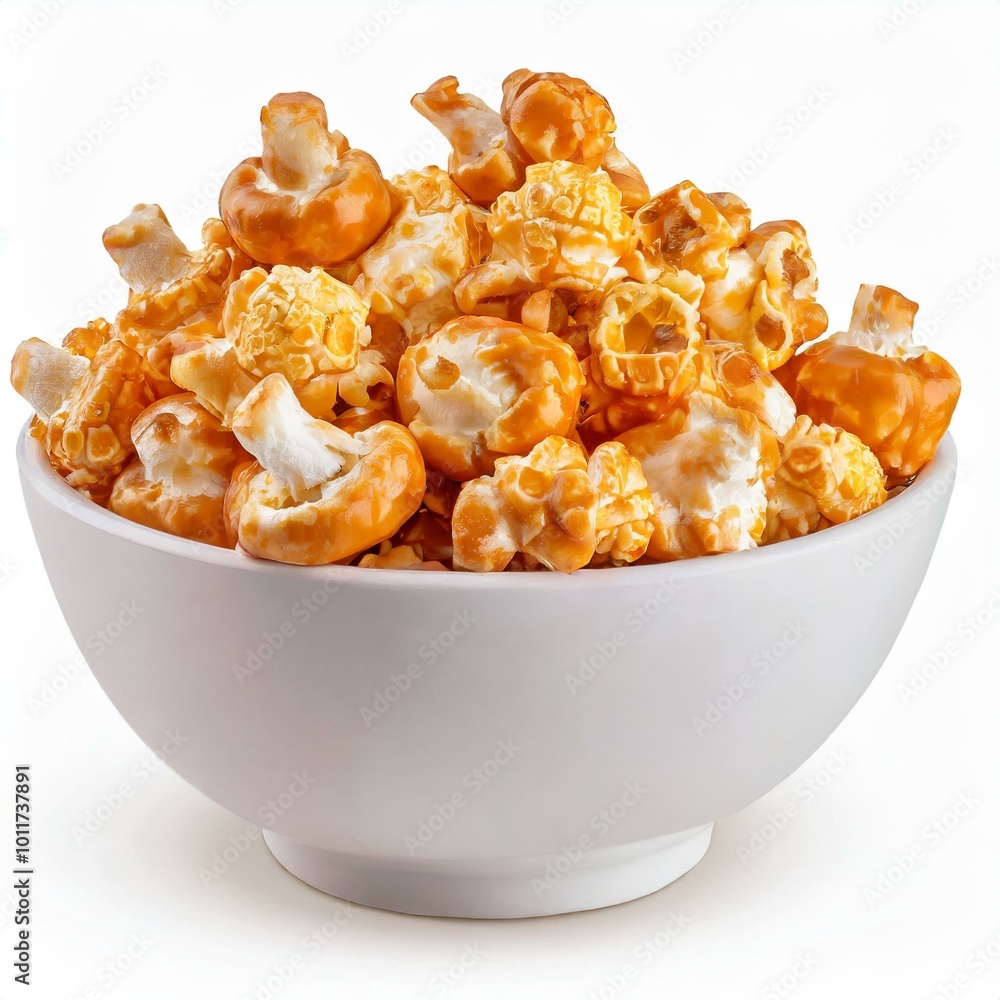 Caramel Popcorn in white bowl isolated on white background Caramel Popcorn in white bowl isolated on white background