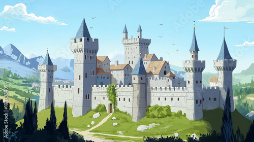 Castle from a fairytale. Magic castle on green field at summer day. Fantasy medieval architecture, palace or fortress with towers