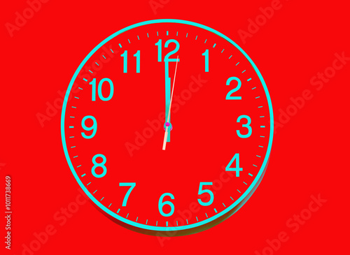 New Year. Round clock with blue dial on red background 12:00 or 0:00, 24:00. Time management. photo