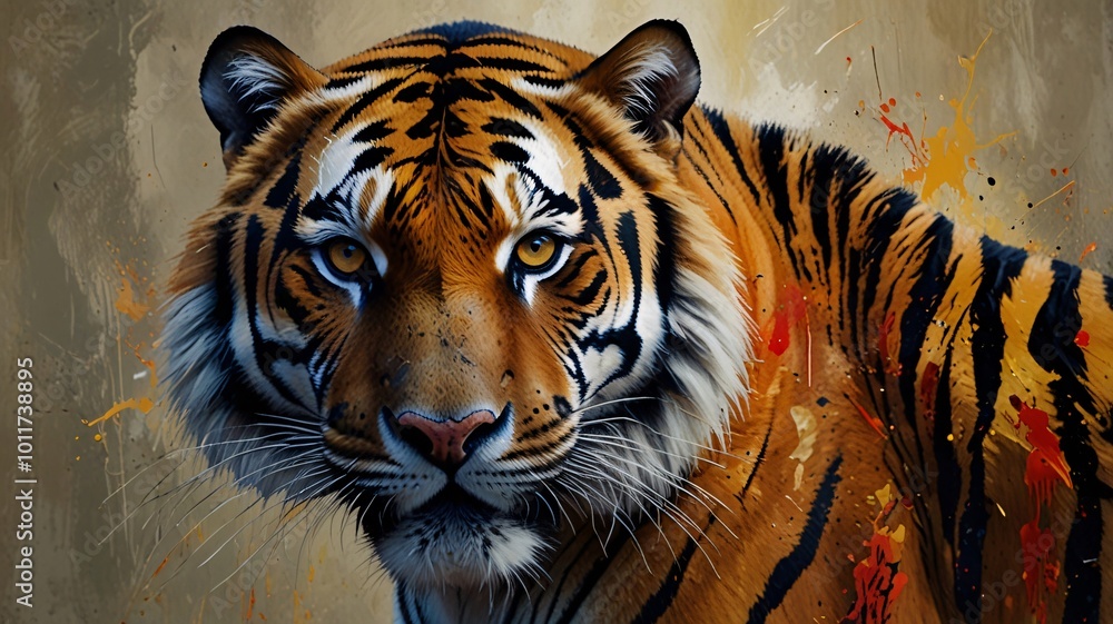 Fototapeta premium Vibrant Abstract Painting of a Bengal Tiger in Dynamic Colors and Creative Design.