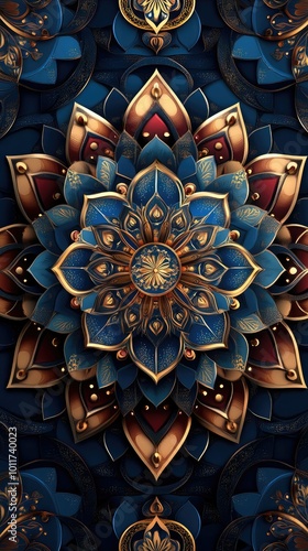 Luxurious blue and gold mandala pattern forming a flower for backgrounds and wallpaper photo