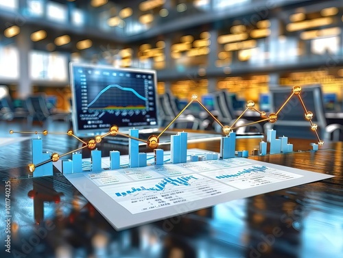 Close-up of digital screen showing labor market graph with job openings and employment rates, office setting with copy space for text overlay.