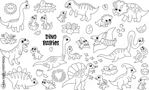 Vector black and white dinosaur moms and babies set. Prehistoric animal line icons collection. Dino mother and child illustrations. Parents and kids dinos. Cute mothers day coloring page