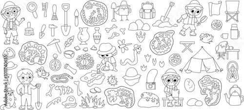 Vector black and white paleontologist set. Prehistoric animal scientist icons collection. Dino researcher line illustrations with bones, tools, brushes, camping tent. Archaeologists coloring page