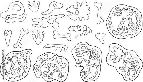Vector black and white dinosaur bones, skeletons, skulls set. Prehistoric animal fossil icons collection. Dino burial and tombs line illustration. Archaeologists, paleontologist coloring page