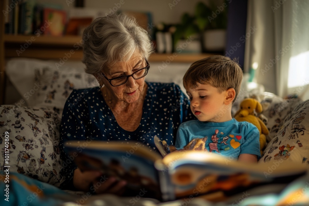 A grandmother reads a storybook to her young grandson on a cozy afternoon. Their bond shines as they share laughs and joy together. Generative AI A grandmother reads a storybook to her young grandson on a cozy afternoon. Their bond shines as they share laughs and joy together. Generative AI