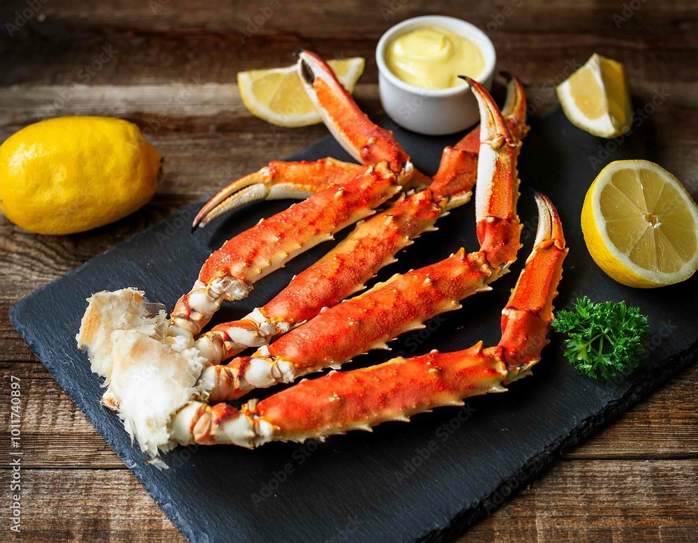 Cooked Organic Alaskan King Crab Legs with Butter and lemons Cooked Organic Alaskan King Crab Legs with Butter and lemons