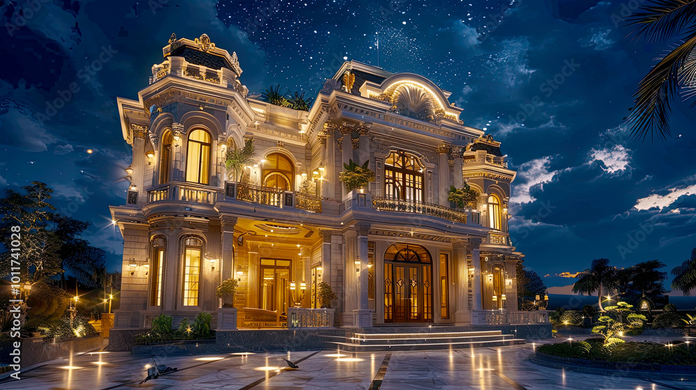 Fototapeta premium Elegant mansion illuminated at night with a starry sky background, showcasing luxury architecture and outdoor lighting.