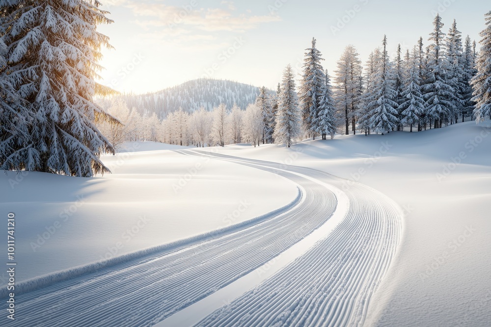 Obraz premium A serene winter landscape featuring snow-covered trees and a gently winding path under soft morning light