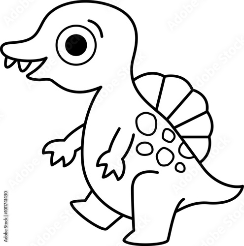 Vector black and white baby spinosaurus icon. Cute little dinosaur line illustration for kids. Funny dino kid clipart isolated on white background. Cartoon prehistoric animal child coloring page