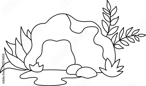 Vector black and white dinosaur cave icon. Nature animal stone house line illustration. Natural home picture with greenery, twigs. Wildlife, prehistoric or tropical mountain cavern coloring page