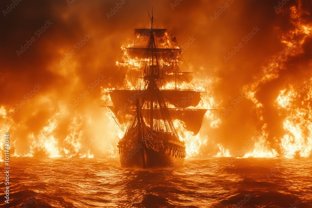 Fototapeta premium Dramatic Battleship Amid Fierce Flames and Storm