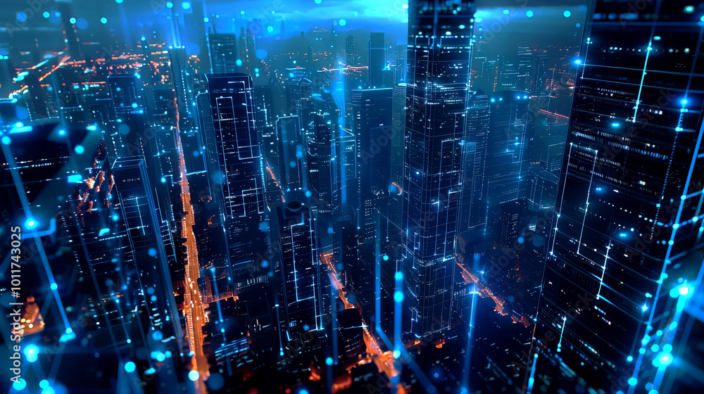 Futuristic cityscape with glowing blue lights depicting digital data, technology, and urban innovation in a modern metropolis at night. Futuristic cityscape with glowing blue lights depicting digital data, technology, and urban innovation in a modern metropolis at night.
