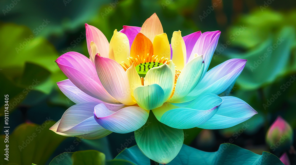 A stunning rainbow colored lotus flower in full bloom showcasing vibrant petals with a beautiful blend of colors in a serene, natural setting. A stunning rainbow colored lotus flower in full bloom showcasing vibrant petals with a beautiful blend of colors in a serene, natural setting.