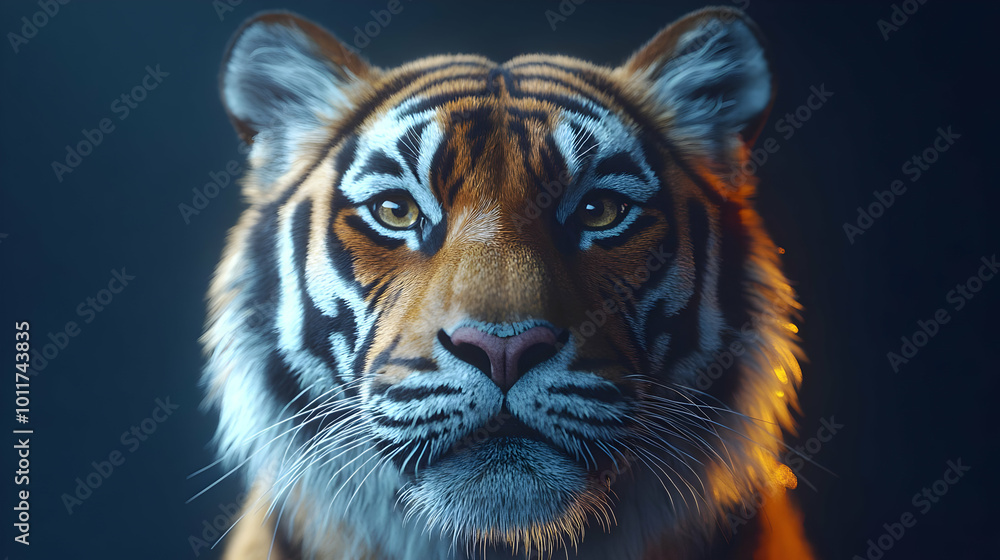 Naklejka premium Close-up Portrait of a Tiger with Blue and Orange Lighting - 3D Illustration