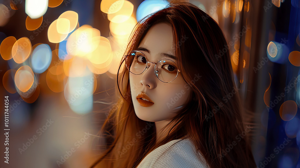 Fototapeta premium Young woman with glasses in vibrant bokeh lights