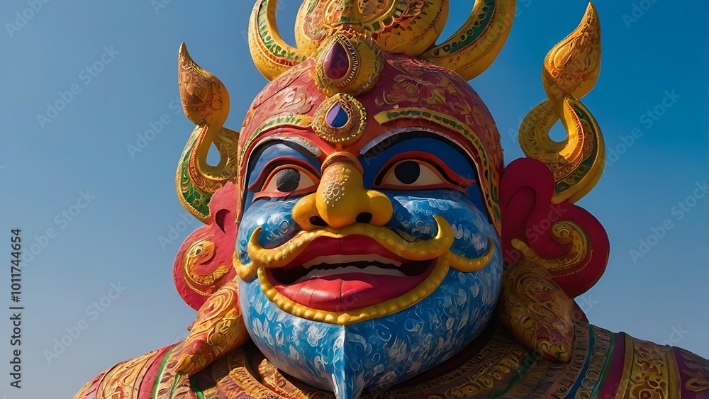 Fototapeta premium A giant effigy of Ravana, decorated in colorful attire and ready for burning, against a plain blue sky background, symbolizing the victory of good over evil.