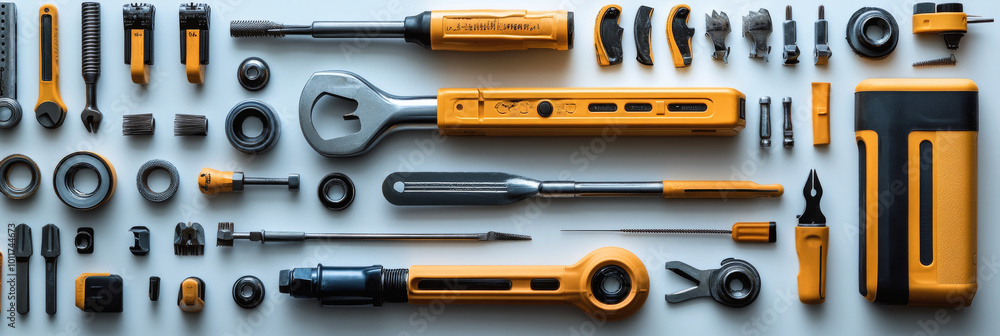 A flat lay of various tools in yellow and black on a white background. A flat lay of various tools in yellow and black on a white background.