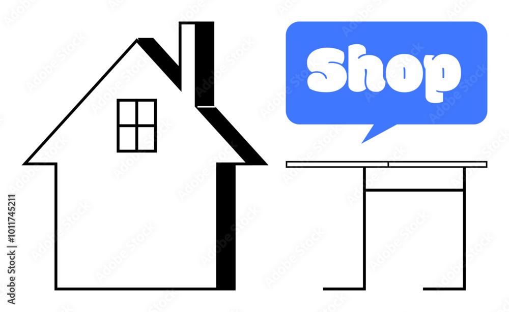 House with a chimney, window, a Shop speech bubble and a table. Ideal for real estate, home businesses, online stores, retail promotions, and commercial activities. Minimalist, clean style House with a chimney, window, a Shop speech bubble and a table. Ideal for real estate, home businesses, online stores, retail promotions, and commercial activities. Minimalist, clean style