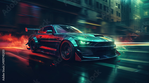 Fototapeta Naklejka Na Ścianę i Meble -  Street racing scene with sport car in neon lights. Speed lines and light trails of night urban drive.