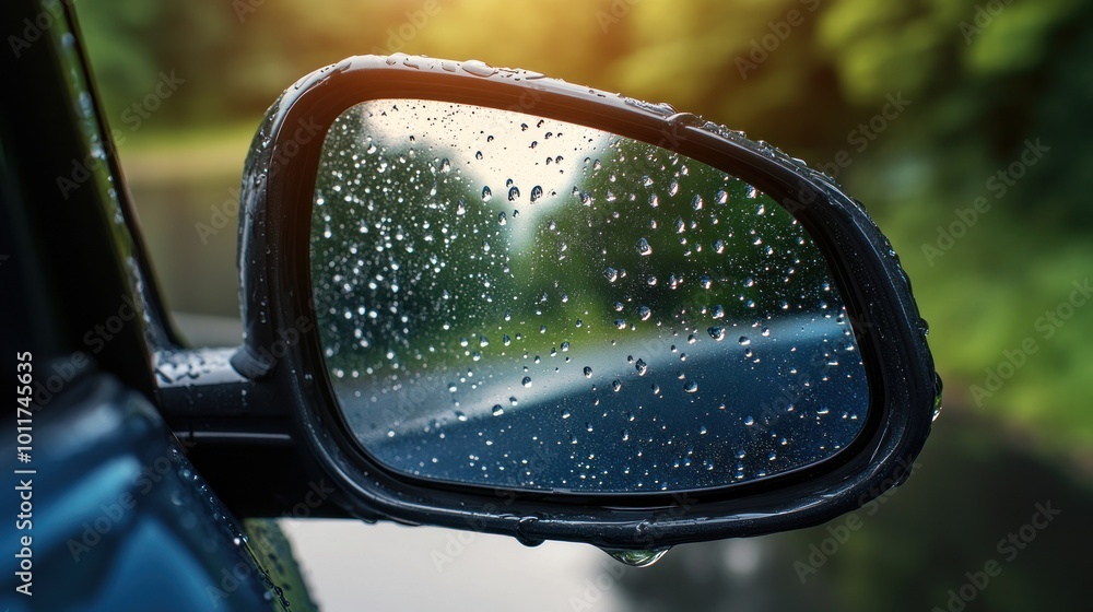 A close-up of a car's side mirror with raindrops, reflecting a blurred landscape. A close-up of a car's side mirror with raindrops, reflecting a blurred landscape.