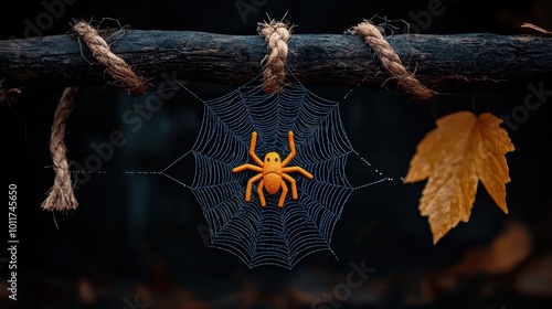 Colorful spider in a web with autumn leaves on a dark background. photo