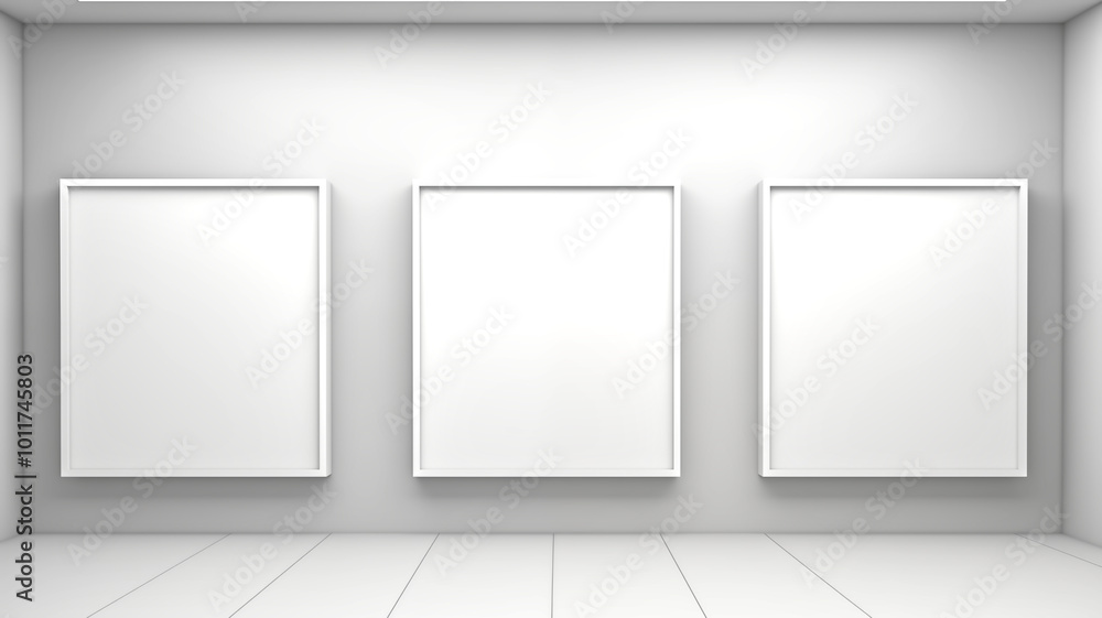 Minimalist gallery interior featuring three empty white frames on clean wall, perfect for showcasing artwork or photographs. bright, neutral space invites creativity and inspiration Minimalist gallery interior featuring three empty white frames on clean wall, perfect for showcasing artwork or photographs. bright, neutral space invites creativity and inspiration