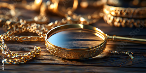 Golden jewelry and magnifying glass on wooden background in pawnshop concept, pawnshop, gold, rings, chain, earrings