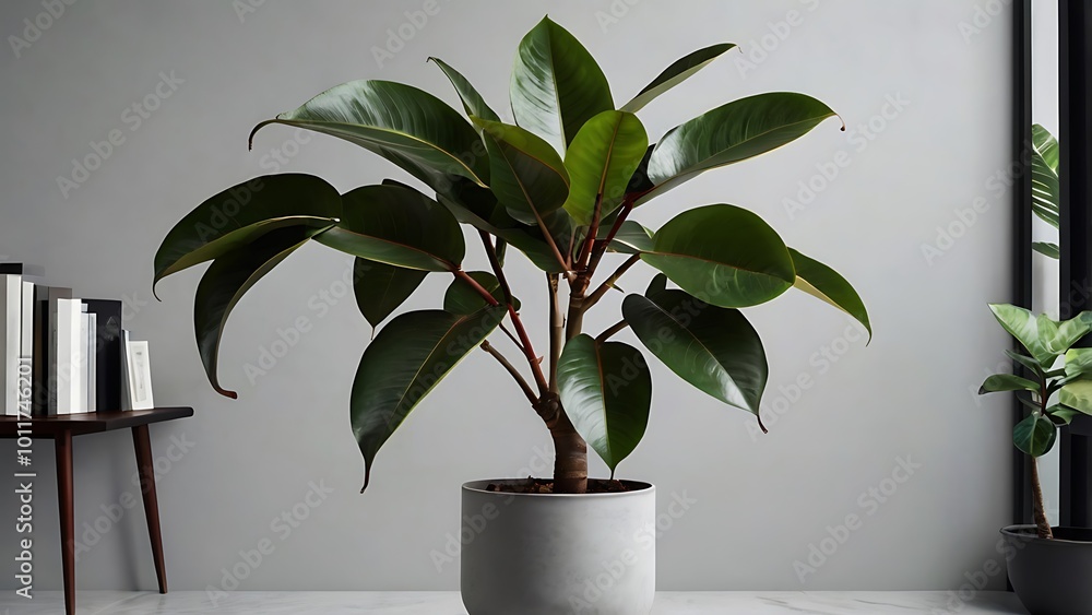 A rubber plant with thick, glossy leaves against a clean, pale grey background, perfect for modern indoor spaces. A rubber plant with thick, glossy leaves against a clean, pale grey background, perfect for modern indoor spaces.
