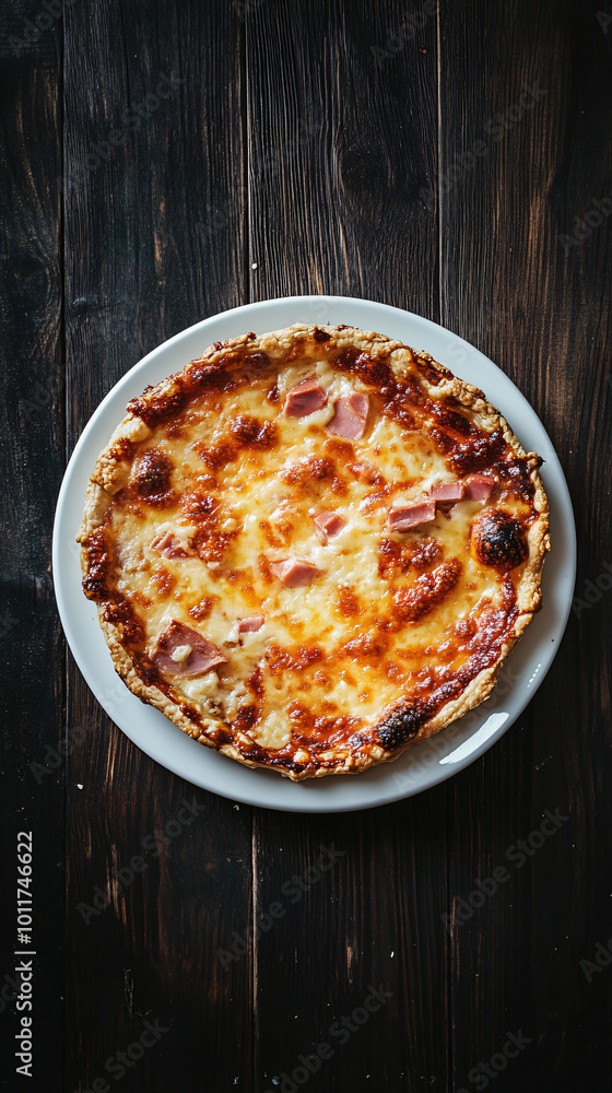 Round pizza with ham and melted cheese is sitting on a white plate on a dark wooden table Round pizza with ham and melted cheese is sitting on a white plate on a dark wooden table