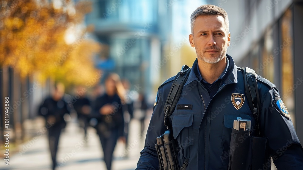 Fototapeta premium Security Guard Event Service: Officer Leading Group on Patrol, Generative AI