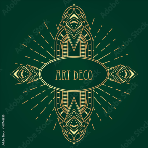 Art Deco vintage gold patterns over dark green, frames and design elements. R...