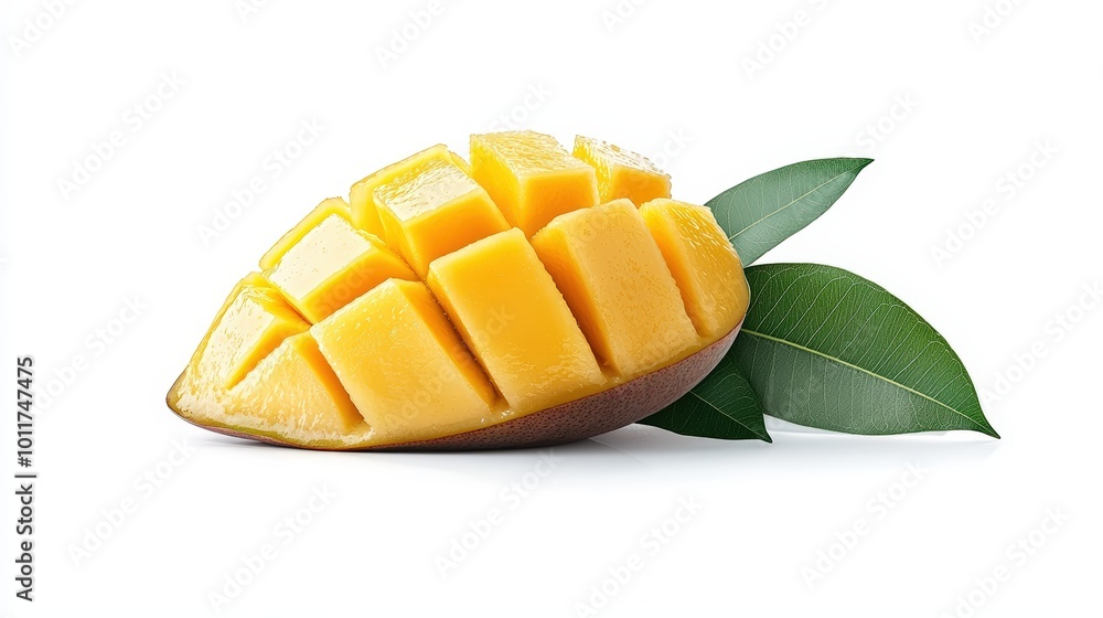 Fresh mango slices with green leaves on a white isolate background. Fresh mango slices with green leaves on a white isolate background.