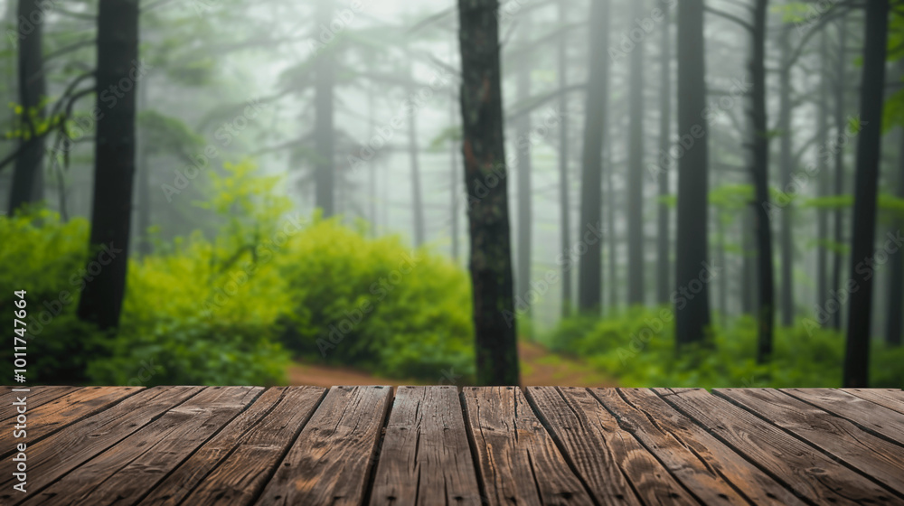 rustic wooden surface with a misty forest background rustic wooden surface with a misty forest background