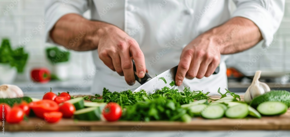 A chef skillfully chops fresh herbs and vegetables on a wooden cutting board, showcasing culinary artistry in a modern kitchen. A chef skillfully chops fresh herbs and vegetables on a wooden cutting board, showcasing culinary artistry in a modern kitchen.