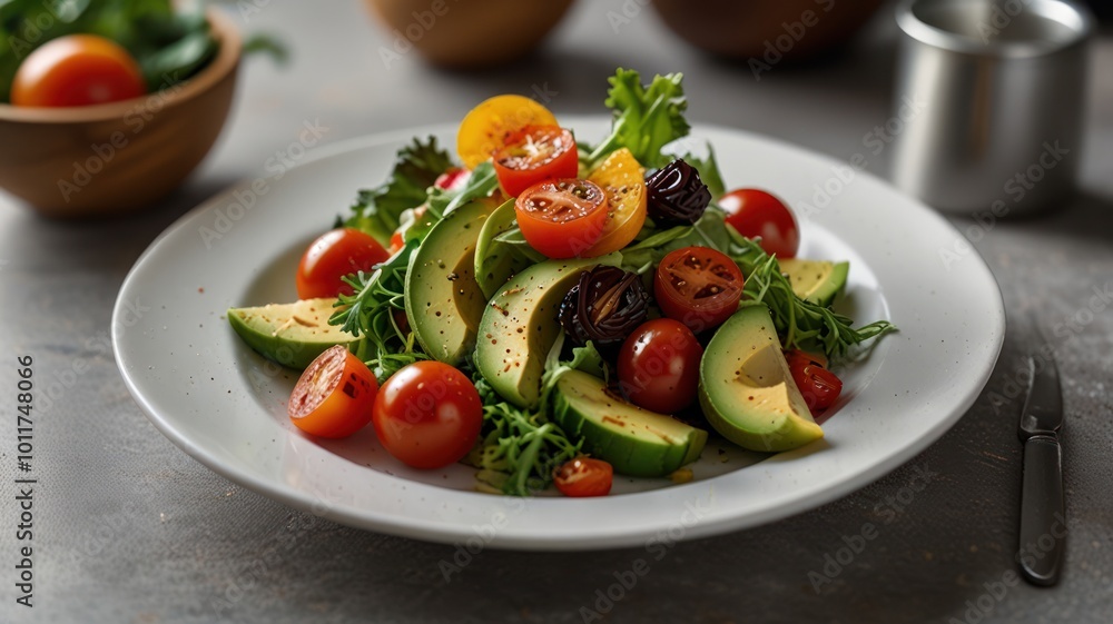 A fresh salad with avocado, cherry tomatoes, and greens on a white plate. A fresh salad with avocado, cherry tomatoes, and greens on a white plate.