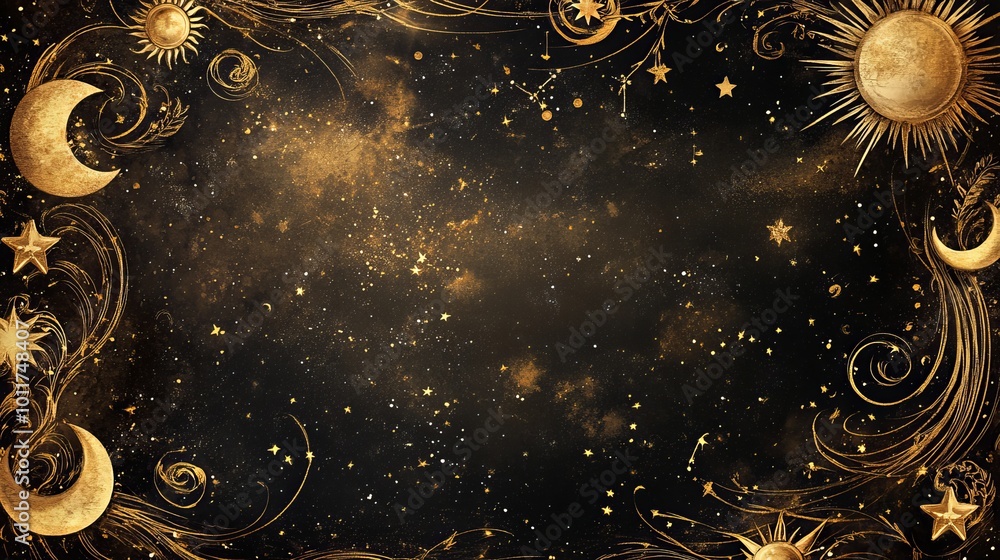 A beautiful, golden frame with stars, moons, and suns, perfect for a celestial design. The frame features a swirling, boho pattern and feels magical and cosmic. A beautiful, golden frame with stars, moons, and suns, perfect for a celestial design. The frame features a swirling, boho pattern and feels magical and cosmic.